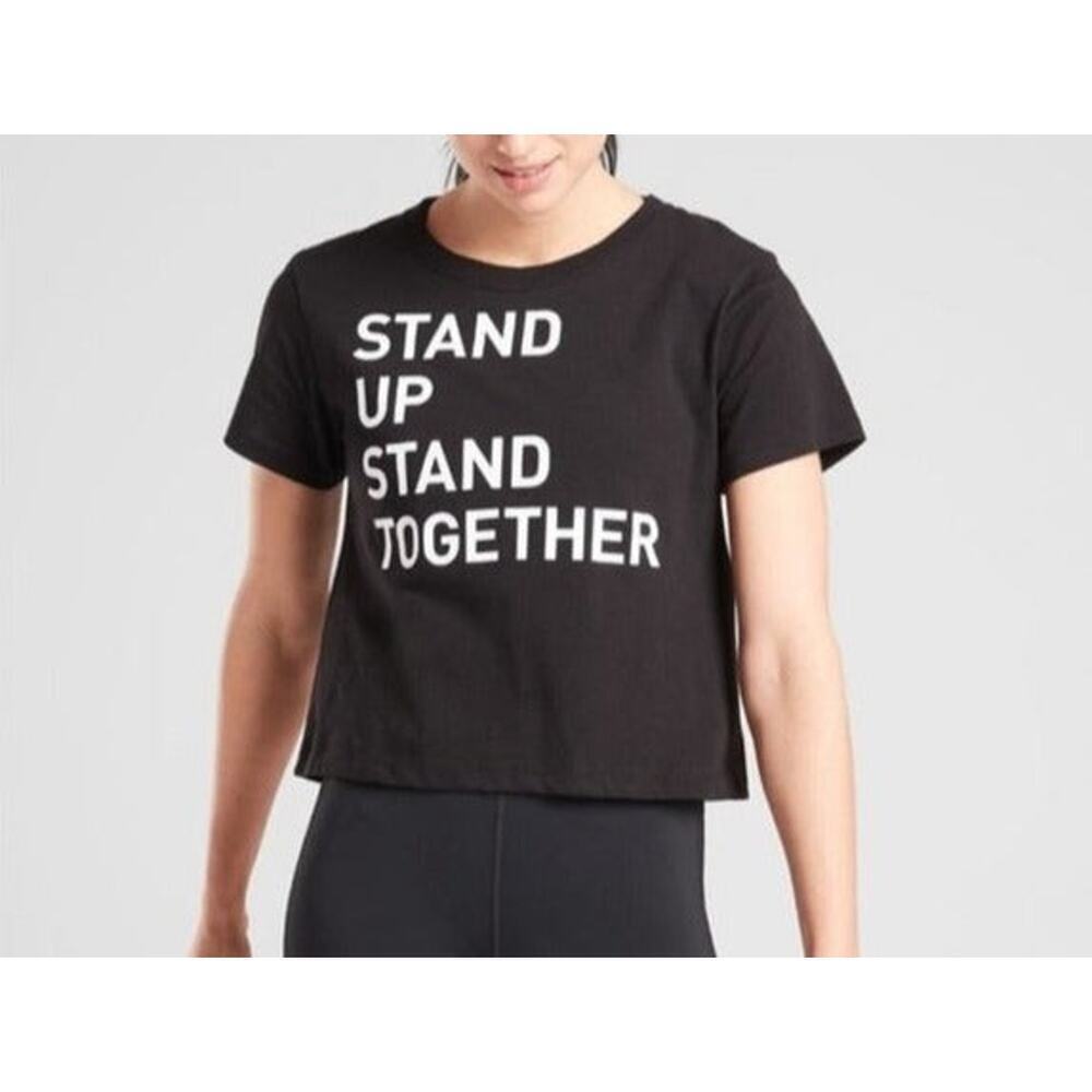 Athleta T-Shirt XL Black Stand Up Together Short Sleeve Cropped Tee Top